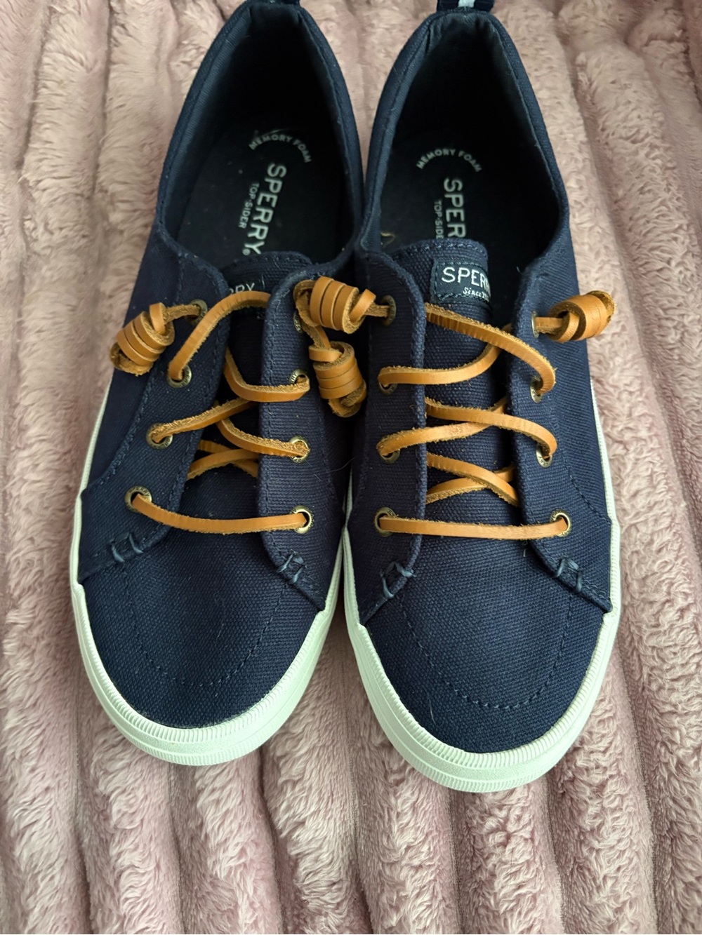 Sperry Navy Canvas Sneakers with Tan Laces and White Soles